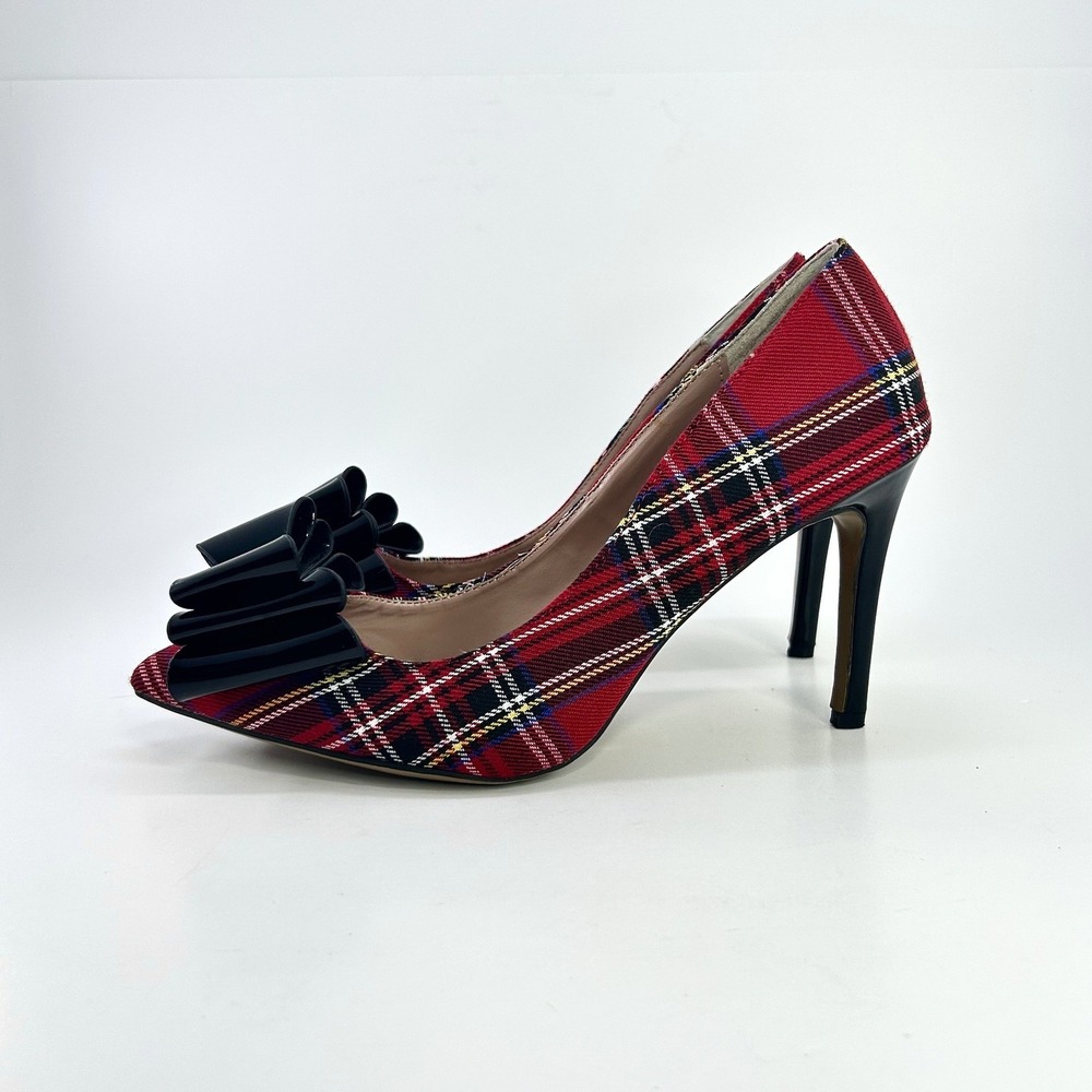 Betsey Johnson Bret Pumps 7 Red Tartan Plaid Black Bow Stiletto Cocktail Heels - Picture 5 of 12